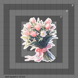 May include: A bouquet of pink tulips and white flowers tied with a pink ribbon. The bouquet is 6 inches tall and 5 inches wide.
