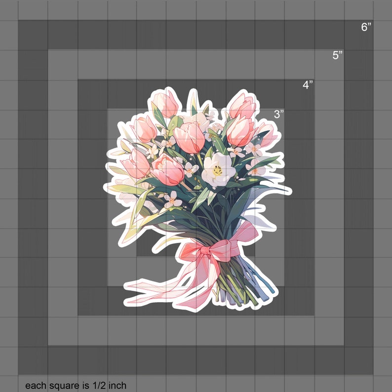 May include: A bouquet of pink tulips and white flowers tied with a pink ribbon. The bouquet is 6 inches tall and 5 inches wide.