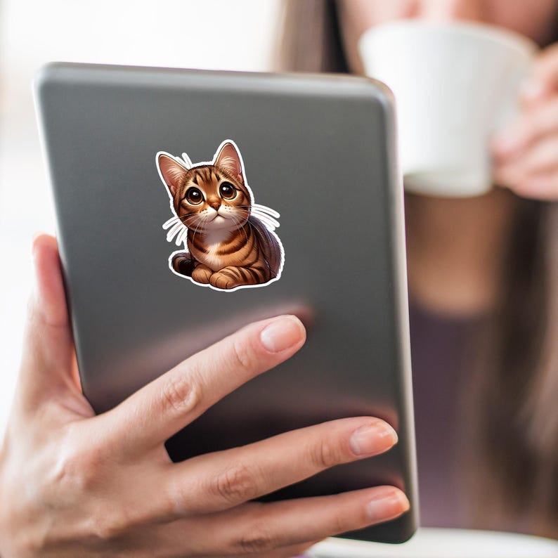 May include: A sticker featuring a cartoon illustration of a brown tabby kitten with big eyes looking up.