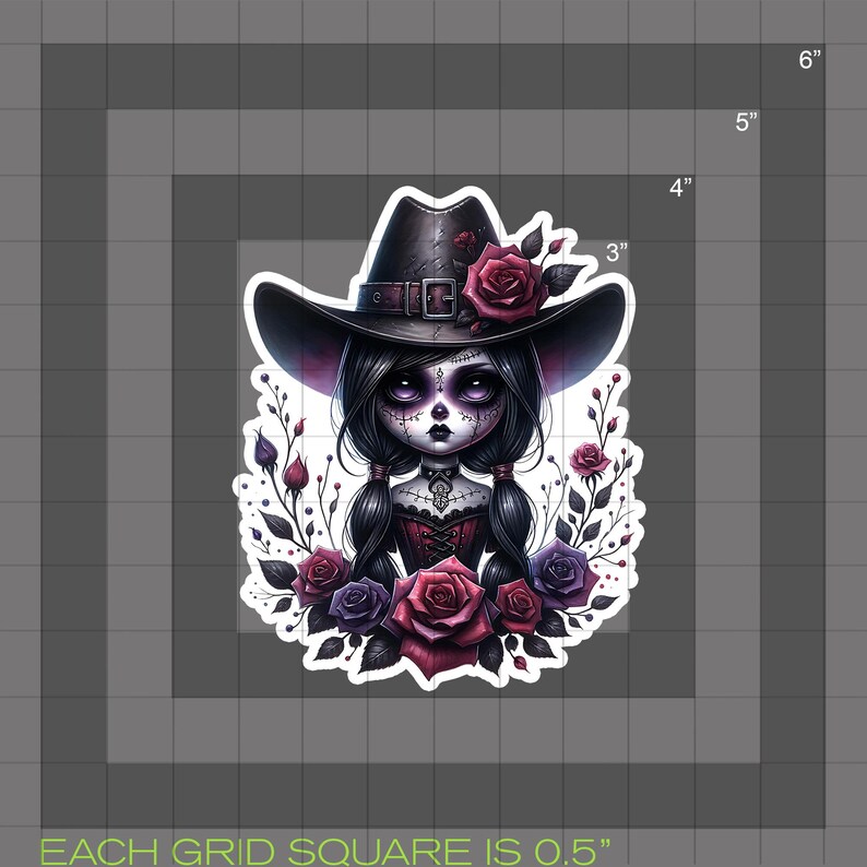 May include: A digital illustration of a Day of the Dead-inspired girl wearing a black cowboy hat with a red rose and a red and black dress. She is surrounded by red and purple roses and green leaves.