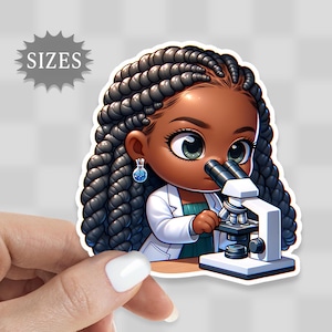 May include: A cartoon illustration of a Black girl with braids wearing a white lab coat and looking through a microscope. She is wearing a teal shirt and a blue and silver earring.