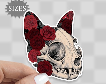 Gothic Cat Skull & Roses Sticker: Waterproof Vinyl Decal