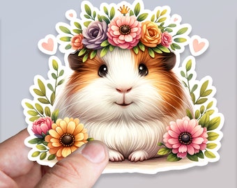 Guinea Pig with Spring Flowers Sticker: Waterproof Vinyl