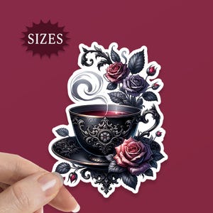 Gothic Tea Cup with Roses Sticker, Dark Academia Goblet, Dark Romance Theme for your water bottle, laptop, tablet, phone, UV Waterproof