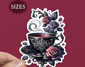 Gothic Tea Cup with Roses Sticker, Dark Academia Goblet, Dark Romance Theme for your water bottle, laptop, tablet, phone, UV Waterproof