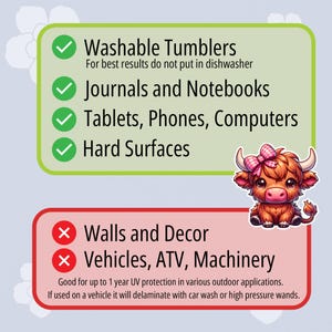May include: A green check mark next to the text "Washable Tumblers" and "Journals and Notebooks". A green check mark next to the text "Tablets, Phones, Computers" and "Hard Surfaces". A red X next to the text "Walls and Decor" and "Vehicles, ATV, Machinery". The text "Good for up to 1 year UV protection in various outdoor applications. If used on a vehicle it will delaminate with car wash or high pressure wands." is below the red X's.