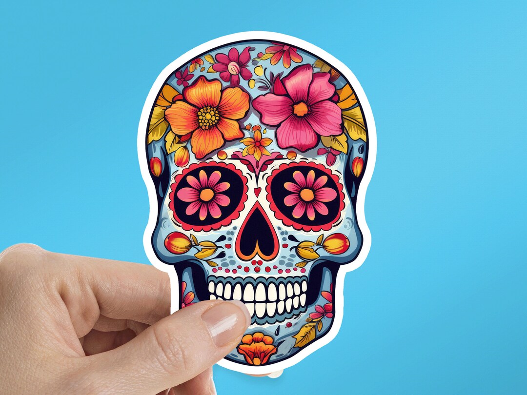 〜suger〜 Floral Sugar Skull Sticker, Day of the Dead, Waterproof Vinyl - Etsy