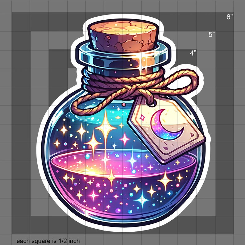May include: A glass bottle with a cork stopper filled with a swirling galaxy-like liquid. The bottle has a tag tied around the neck with a crescent moon design. The bottle is 6 inches tall.