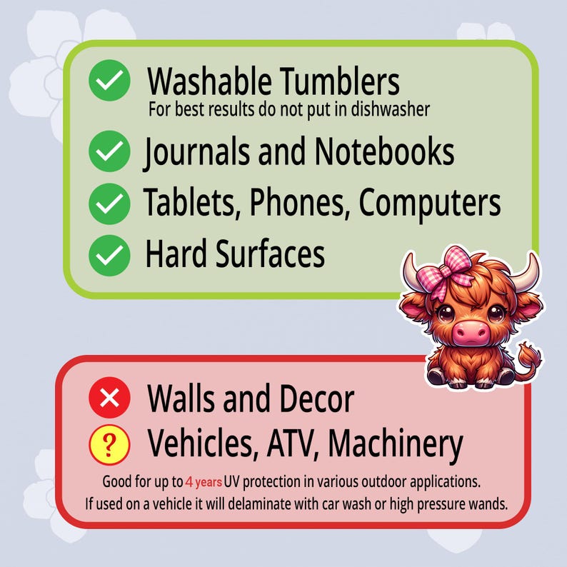 K&ouml;nnte beinhalten: Ein Aufkleber-Design mit einer Cartoon-Highland-Kuh mit einer rosa Schleife. Der Text zeigt, dass der Aufkleber f&uuml;r abwaschbare Becher, Journale, Notizb&uuml;cher, Tablets, Telefone, Computer und harte Oberfl&auml;chen geeignet ist.