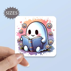 Ghost Book Sticker, Reading Ghost Sticker, Sticker for Your Water Bottle, Laptop, Tablet, Phone. Halloween Waterproof Vinyl Sticker