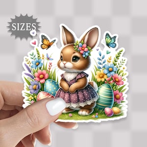 May include: A cute cartoon bunny rabbit wearing a purple dress and a flower crown. The bunny is surrounded by colorful flowers and Easter eggs.