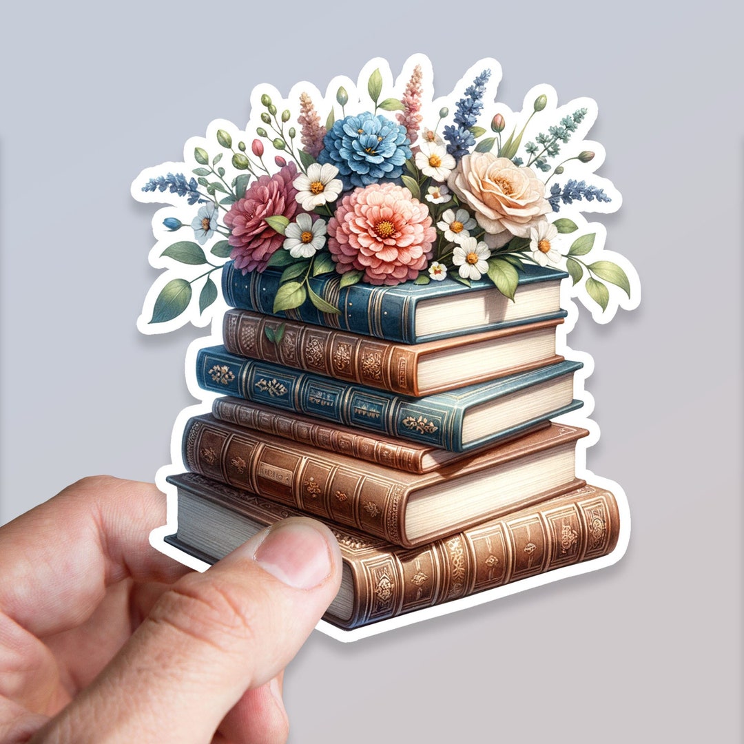 Book Stack Sticker: Flowers, Waterproof Vinyl Decal - Etsy