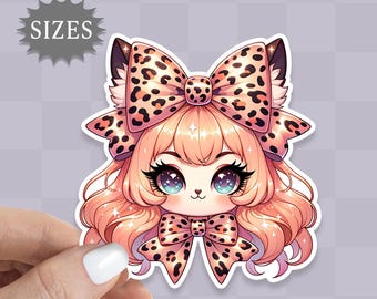 Kawaii Neko Sticker: Anime Leopard Bow, Waterproof Vinyl Decal