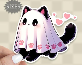Ghost Cat Sticker, Hearts Paw Print Waterproof Vinyl Decal
