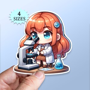 May include: A cartoon illustration of a girl with long orange hair wearing a white lab coat and holding a microscope. She is looking through the microscope and there is a beaker of blue liquid next to her. The image has the text "4 SIZES" on it.