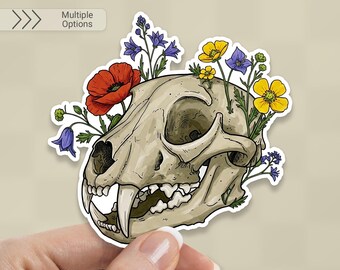 Fox Skull & Wildflowers Sticker: Gothic Waterproof Decal