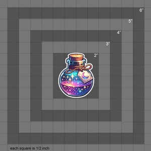 May include: A glass bottle filled with a swirling galaxy-like liquid, with a cork stopper and a tag that says "moon". The bottle is 2 inches tall and 2 inches wide.
