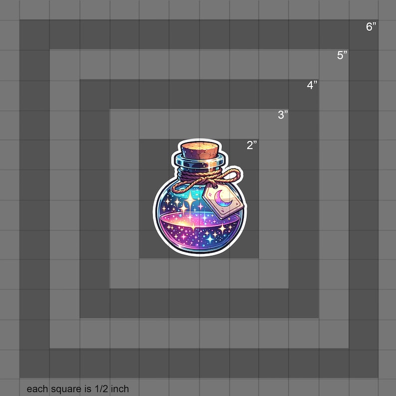 May include: A glass bottle filled with a swirling galaxy-like liquid, with a cork stopper and a tag that says "moon". The bottle is 2 inches tall and 2 inches wide.