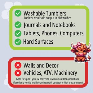 May include: A green and yellow checklist with a cartoon cow. The checklist shows what surfaces are safe to use a UV protection product on. The safe surfaces include washable tumblers, journals and notebooks, tablets, phones, computers, and hard surfaces. The unsafe surfaces include walls and decor, vehicles, ATVs, and machinery. The text states that the product provides up to 1 year of UV protection in various outdoor applications. It also states that if used on a vehicle, it will delaminate with car wash or high pressure wands.