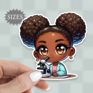 May include: A cartoon illustration of a Black girl with brown curly hair wearing a light blue lab coat and looking through a microscope. She is sitting at a desk with a notebook and pen.
