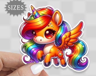 Orange Unicorn Sticker: Rainbow Hair, Waterproof Vinyl Decal