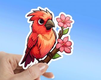 Cardinal Sticker, Bird on a Branch with Flowers Sticker, Bird Sticker, Water Bottle Sticker, Laptop Sticker, Waterproof Vinyl Sticker