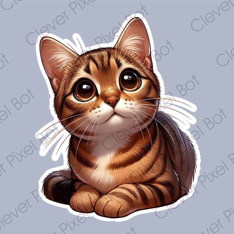 May include: A close-up of a brown tabby cat with large, round eyes. The cat is looking up and has a curious expression on its face.