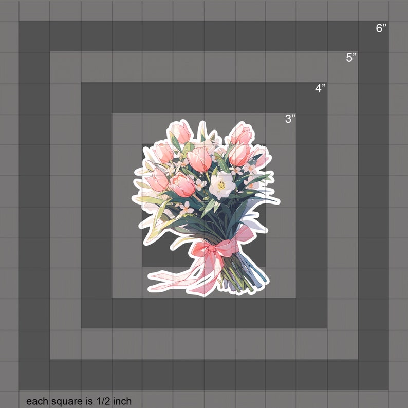 May include: A bouquet of pink tulips and white flowers tied with a pink ribbon. The bouquet is approximately 6 inches tall and 5 inches wide.