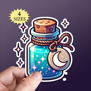 May include: A blue glass bottle with a cork stopper and a crescent moon charm. The bottle is filled with a blue liquid that sparkles with glitter. The bottle is surrounded by white stars.