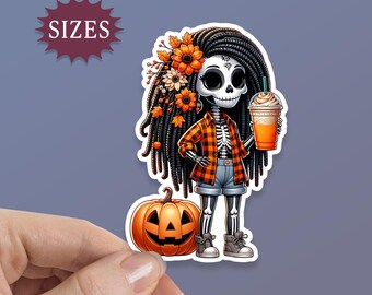 Pumpkin Spice Skeleton Girl Waterproof Vinyl Sticker