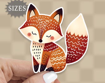 May include: A cute orange and brown fox with a white belly and a white tail tip. The fox has closed eyes and a small, pink nose. The fox is sitting on a white background.