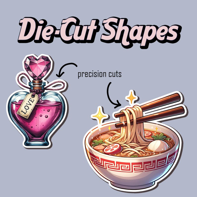K&ouml;nnte beinhalten: Aufkleberbogen "Die-Cut Shapes" mit einer herzf&ouml;rmigen Flaschen-Aufkleber und einer Sch&uuml;ssel Ramen. Die Flasche hat einen Kristallverschluss und ein Etikett mit der Aufschrift "LOVE". Die Ramen-Sch&uuml;ssel hat ein rot-wei&szlig;es Muster.