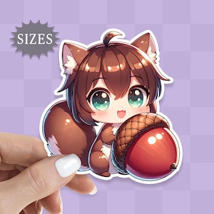 May include: A cartoon illustration of a brown squirrel with large green eyes holding a red acorn. The squirrel is wearing a brown and white outfit and has a brown tail.