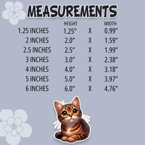 May include: A chart showing the measurements of different sizes of a product. The chart lists the height and width in inches. The measurements are listed in a table format with the height in the left column and the width in the right column. The chart is on a light gray background.