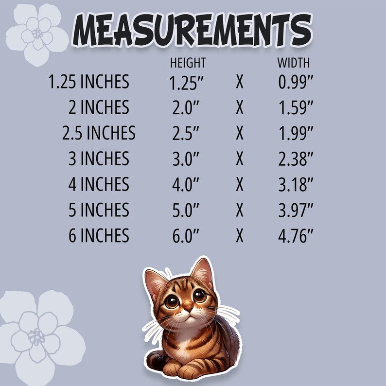 May include: A chart showing the measurements of different sizes of a product. The chart lists the height and width in inches. The measurements are listed in a table format with the height in the left column and the width in the right column. The chart is on a light gray background.