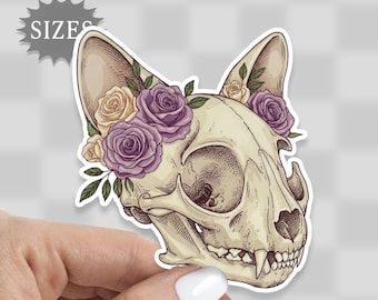 Cat Skull & Roses Sticker: Gothic Waterproof Decal