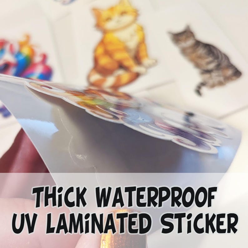 May include: A close-up of a thick, waterproof, UV laminated sticker with a colorful design. The sticker is glossy and has a protective layer.