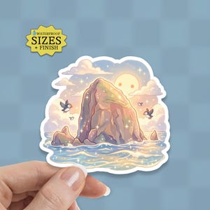 May include: A sticker featuring a whimsical illustration of a rock formation in the ocean under a sun with a face. The sticker has a white border and includes the text "WATERPROOF SIZES + FINISH". Two birds are flying near the rock.