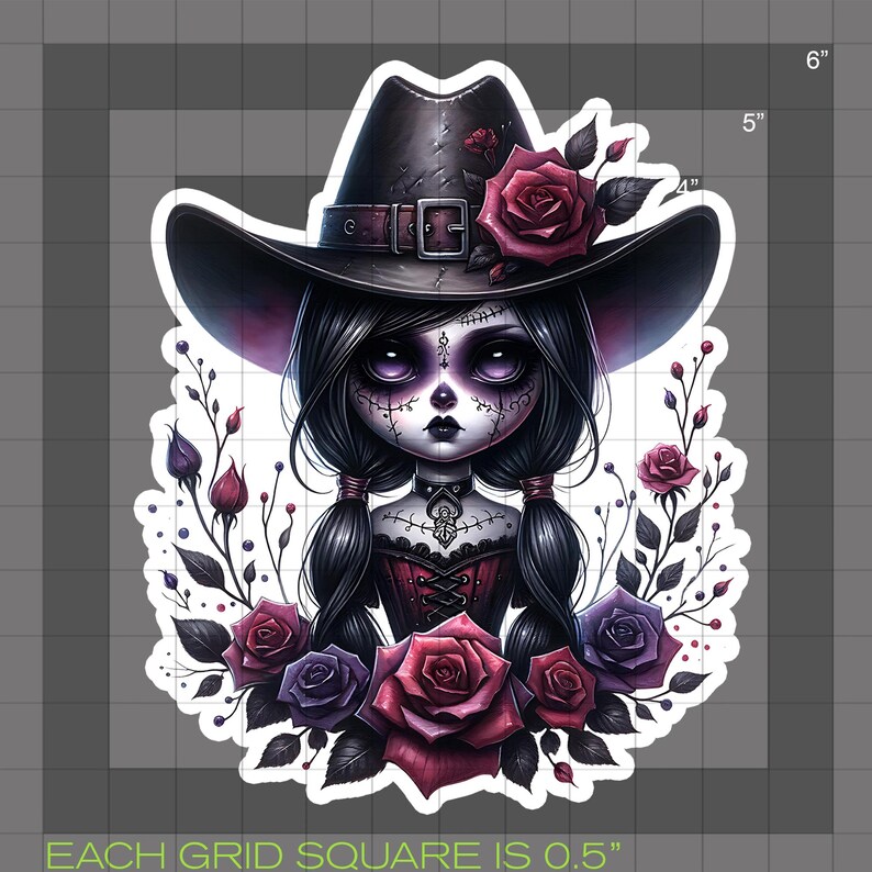 May include: A digital illustration of a dark-haired girl wearing a black cowboy hat with a red rose and a red and black dress. She is surrounded by purple and red roses and leaves.