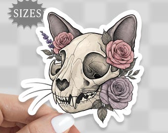 Gothic Cat Skull & Roses Sticker: Waterproof Decal