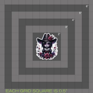 May include: A sticker featuring a cartoon girl with a skull face wearing a black cowboy hat and a red and black dress. She is surrounded by red roses and green leaves. The sticker is 2 inches in diameter.