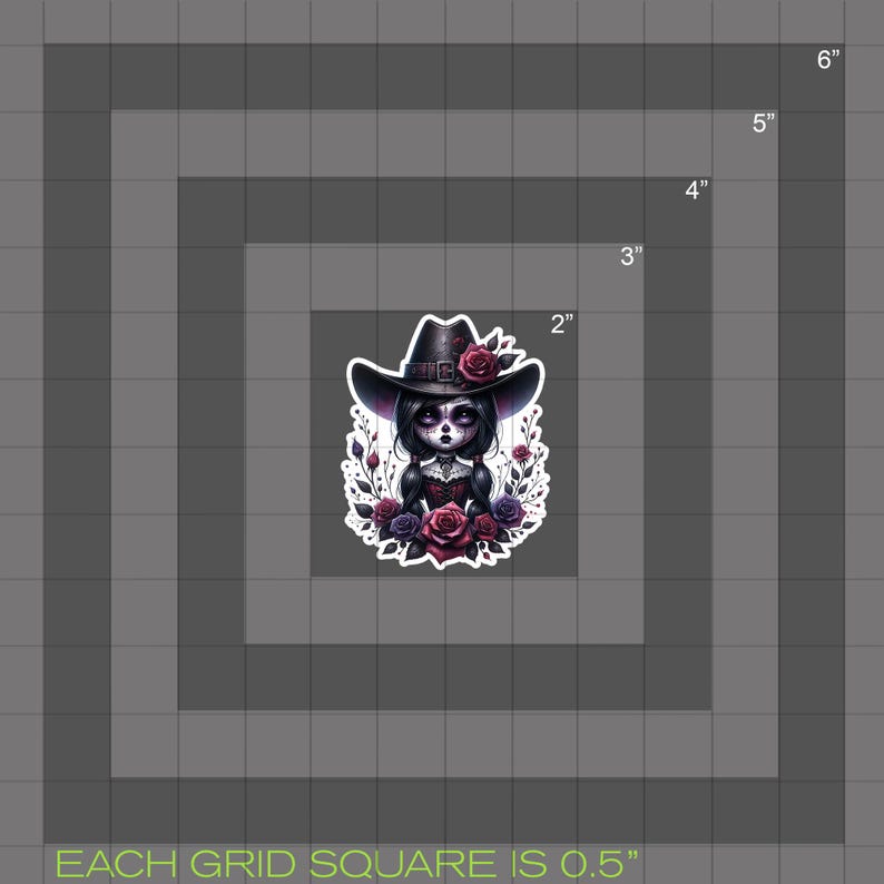 May include: A sticker featuring a cartoon girl with a skull face wearing a black cowboy hat and a red and black dress. She is surrounded by red roses and green leaves. The sticker is 2 inches in diameter.
