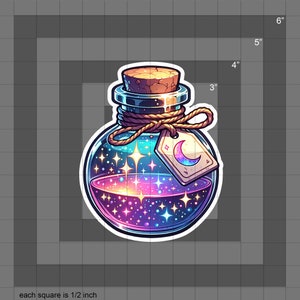 May include: A glass bottle with a cork stopper filled with a swirling galaxy-like liquid. The bottle has a tag with a crescent moon and a star. The bottle is 3 inches tall.