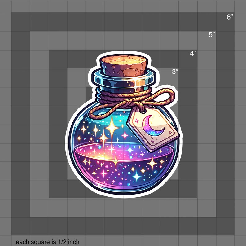 May include: A glass bottle with a cork stopper filled with a swirling galaxy-like liquid. The bottle has a tag with a crescent moon and a star. The bottle is 3 inches tall.