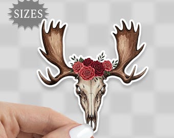 Gothic Moose Skull & Roses Sticker: Waterproof Decal