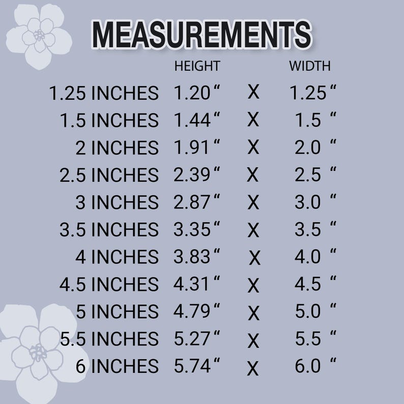 K&ouml;nnte beinhalten: Eine hellviolette Grafik mit dem Wort "MEASUREMENTS" in Schwarz. Die Grafik listet die Ma&szlig;e in Zoll f&uuml;r H&ouml;he und Breite auf, von 3,18 cm bis 15,24 cm.