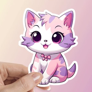 Pink Kitty with Purple Tabby Stripes Sticker, Cat Sticker, Pet Sticker, Water Bottle Sticker, Laptop Sticker, Waterproof Vinyl Sticker