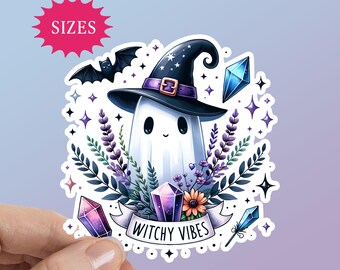 Witchy Ghost Sticker: Halloween Crystals, Bat & Floral - Waterproof Vinyl