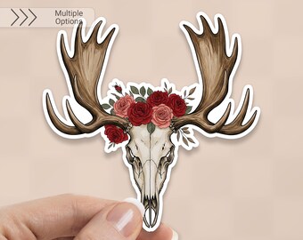 Moose Skull & Flowers Sticker: Waterproof Vinyl Decal