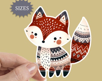 May include: A red and white fox sticker with a geometric pattern. The fox has a white face with black eyes and a red nose. The fox is standing on all fours with its tail curled up behind it.